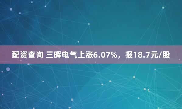 配资查询 三晖电气上涨6.07%，报18.7元/股